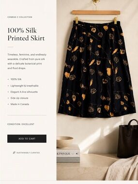 Conrad C Collection Black Silk A-Line Skirt with Gold Botanical Print